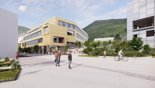 Illustratiion of the new Grieg Academy that is being built in Møllendal adjascent to the building that houses KMD's two other departments.