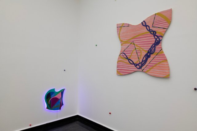 An Installation of paintings: My Body is Not Here With Me, Lone Star, Shy but Curious, Use to be red, Into the Substrate, Deep Crypt Affection, Transmission Lines and Porcelain Beads